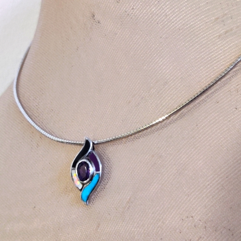 Sterling Silver Necklace w/Amethyst and Opal